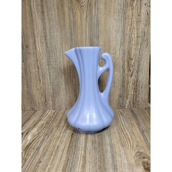 Vintage Camark Pottery Pitcher, Periwinkle Blue Vase, Ribbed Art Pottery Ewer - Picture 1 of 6